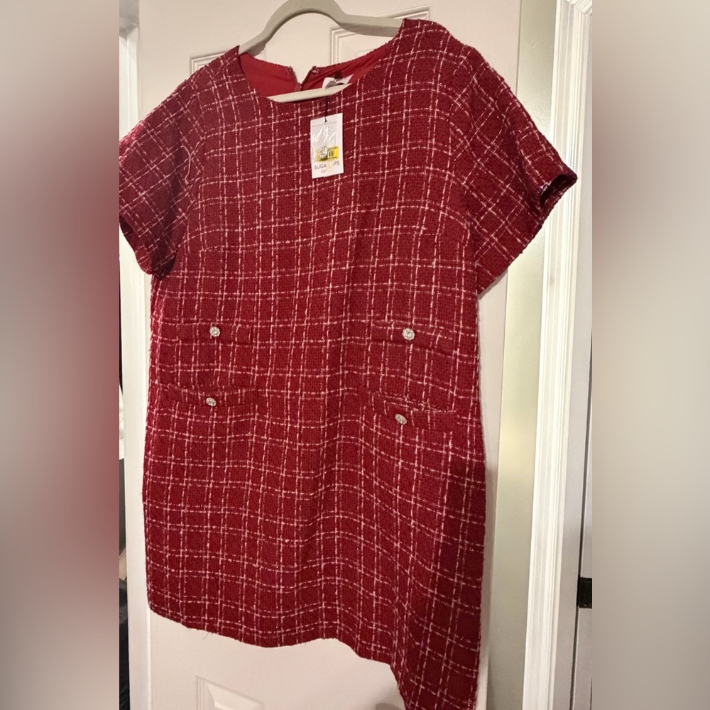 Sugarlips Red Tweed Shift Dress with White Windowpane